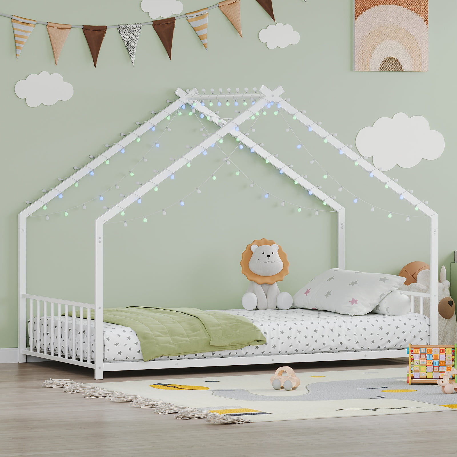 PORKISS Twin Size Floor Bed, Metal Toddler Bed with LED Light Strips, Slat, Fence, No Box Spring Needed, Montessori Bed, Full House Bed Frame for Kids, Boys, Girls, White