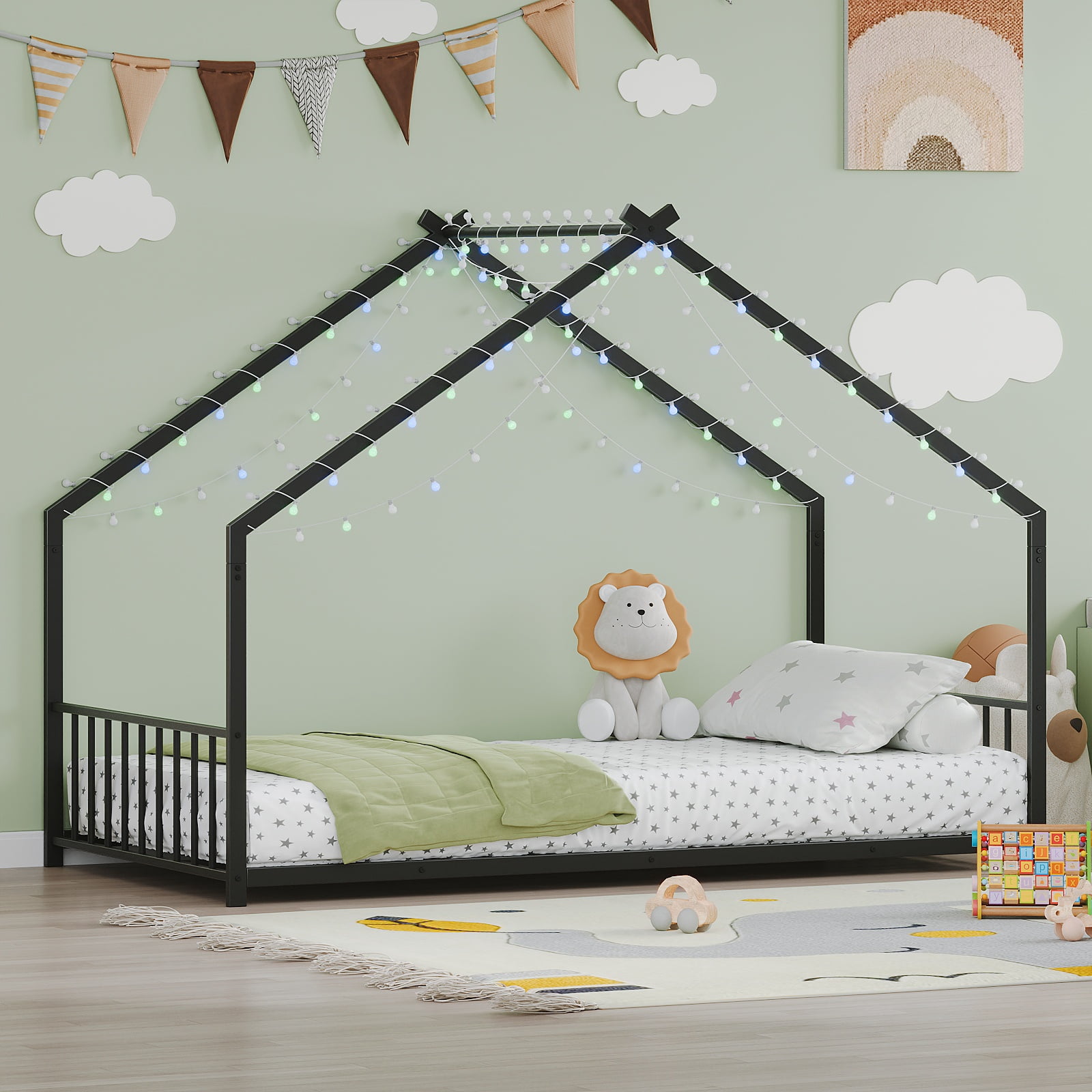 PORKISS Twin Size Floor Bed, Metal Toddler Bed with LED Light Strips, Slat, Fence, No Box Spring Needed, Montessori Bed, Full House Bed Frame for Kids, Boys, Girls, Black