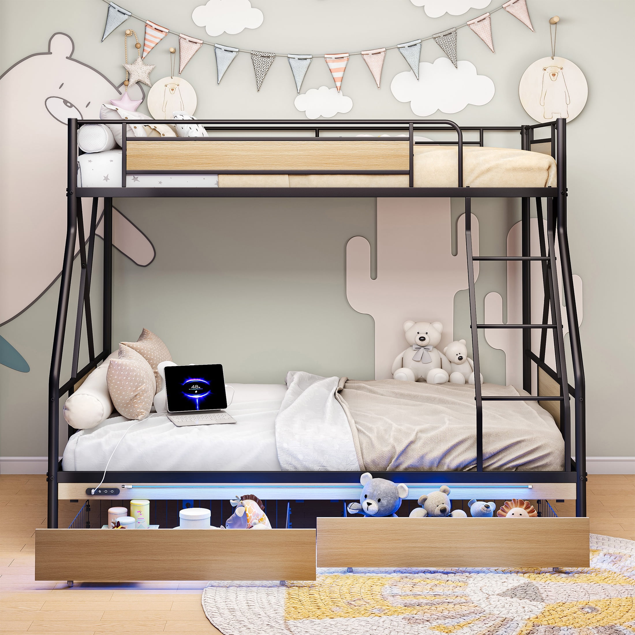PORKISS Twin over Full Bunk Bed with Drawers for Kids Teens Bedroom, Metal Bunk Bed with USB Charging Station, LED Light, Full-Length Guardrail, Black