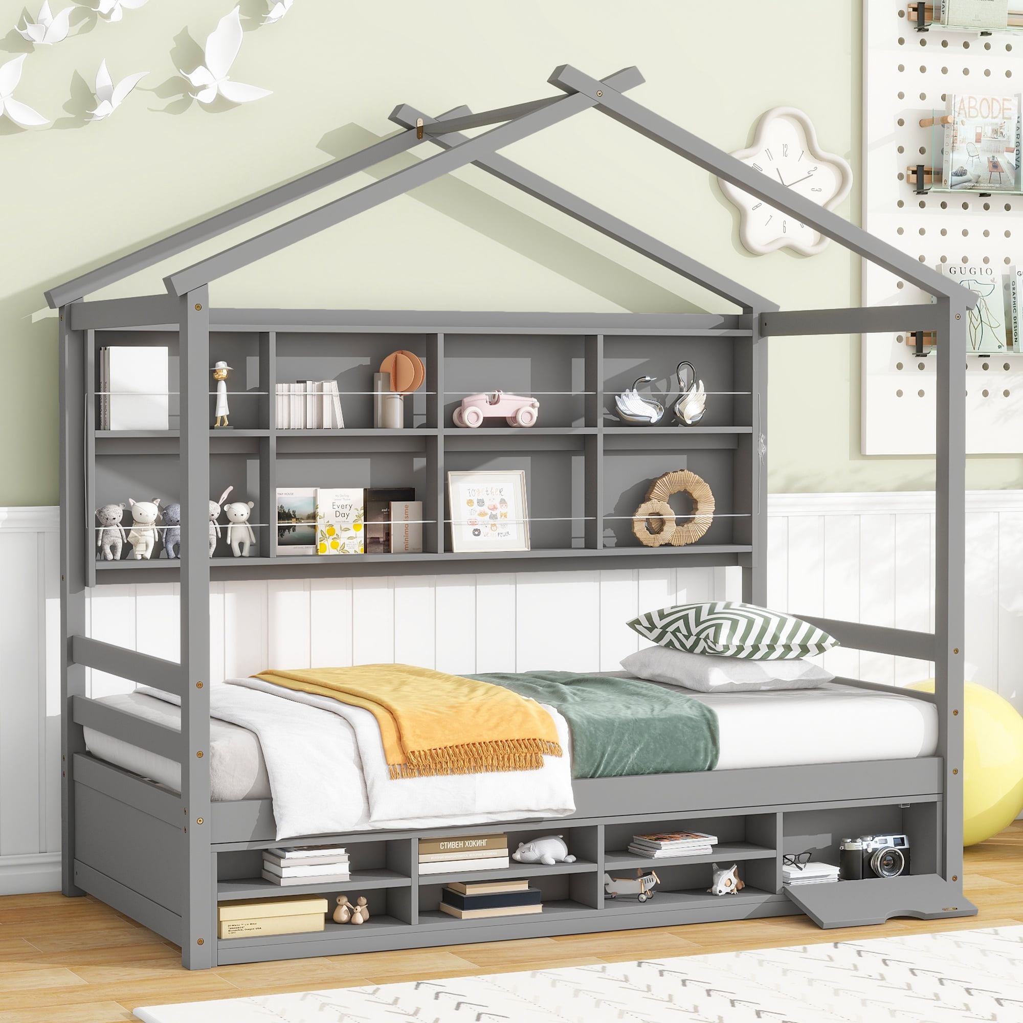 PORKISS Twin House Bed, Wood Platform Bed with Roof Frame and Beside-Shelves, Modern Montessori Toddler Bed with Under Bed Storage Unit for Kids, No Box Spring Needed, Grey