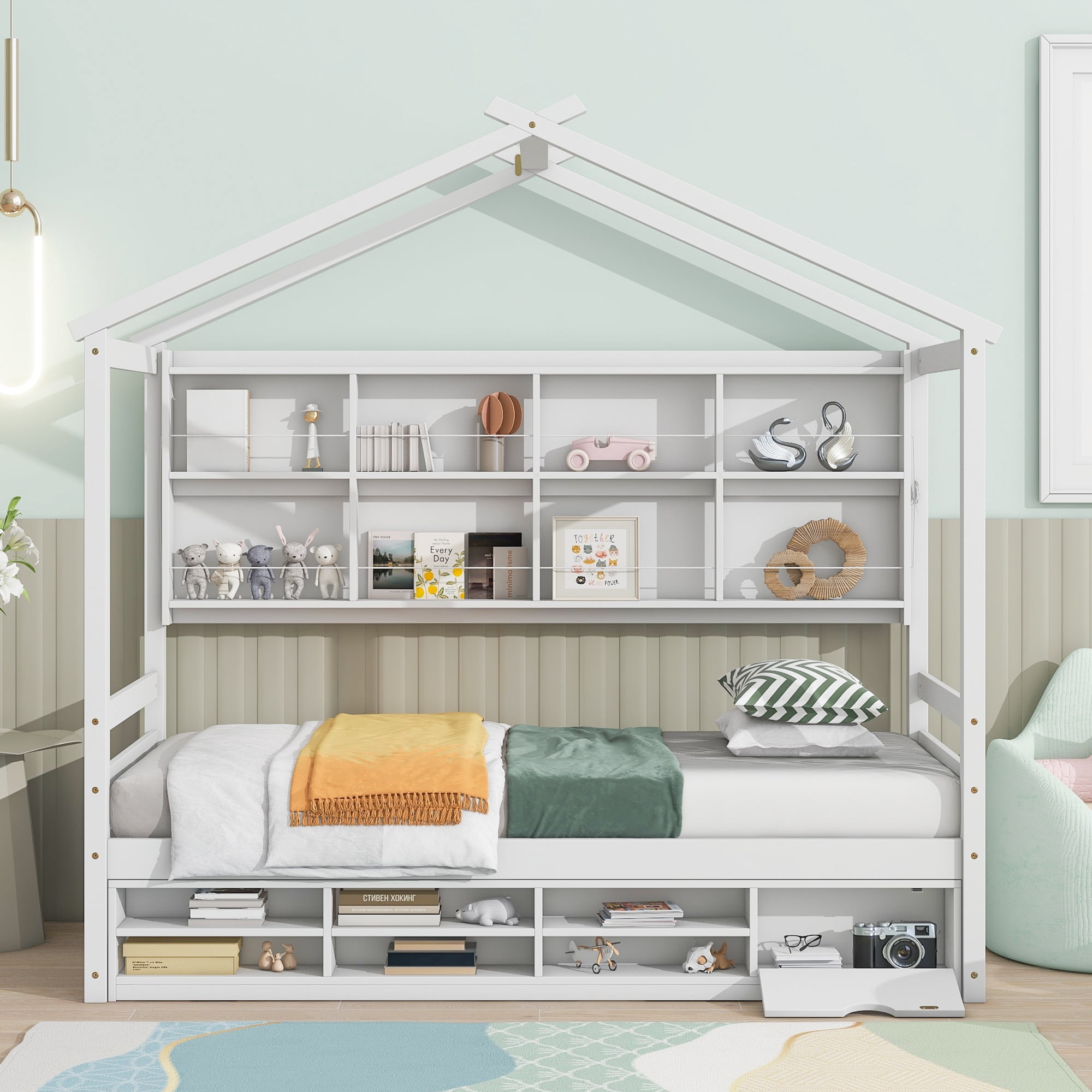 PORKISS Twin House Bed, Wood Platform Bed with Roof Frame and Beside-Shelves, Modern Montessori Toddler Bed with Under Bed Storage Unit for Kids, No Box Spring Needed, White