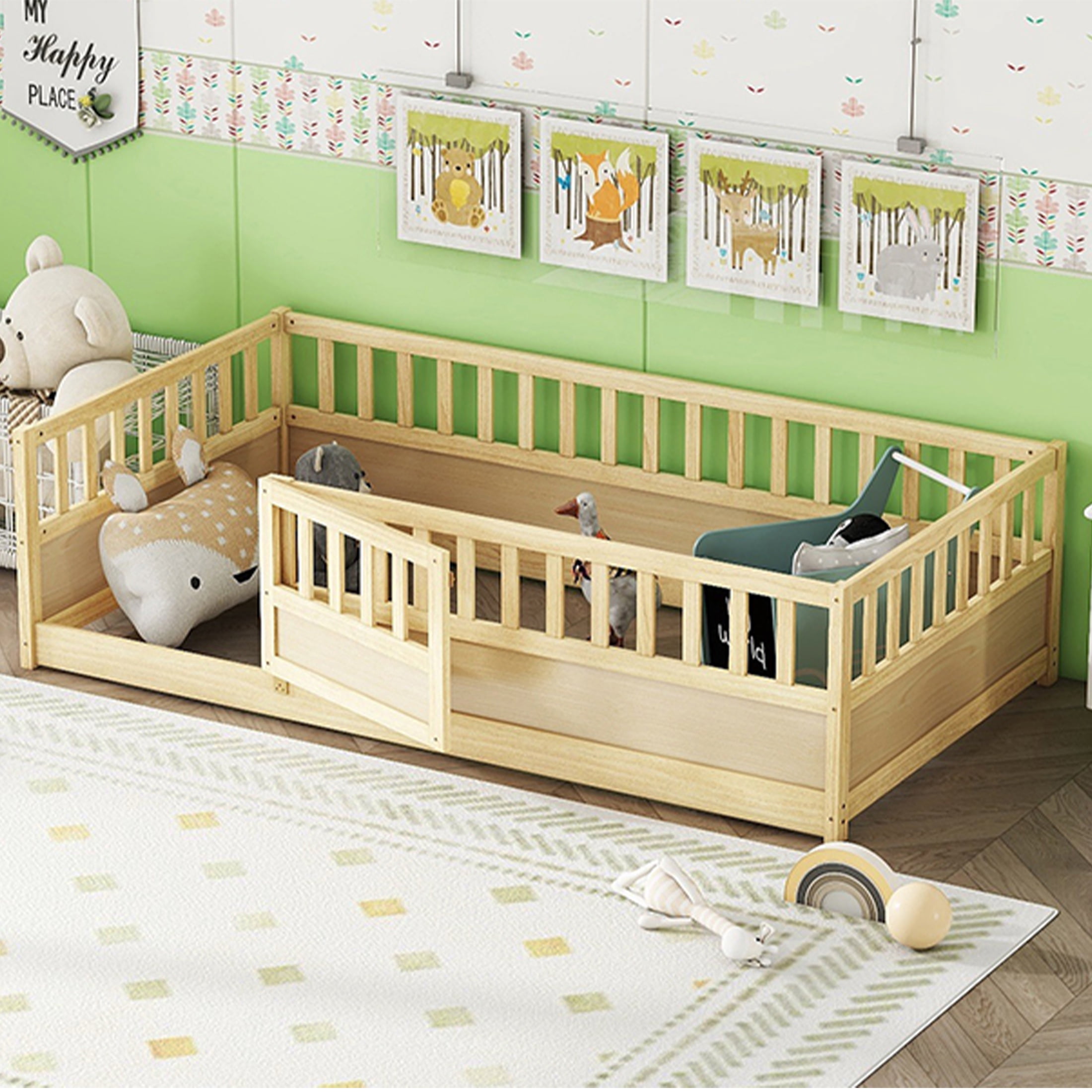 PORKISS Twin Montessori Floor Bed Frame, Low Kids Bed with High Rails, Wooden Toddler Bed with Built-in Door, No Box Spring Needed, No Slats, Safe Sleeping Space for Children, Natural