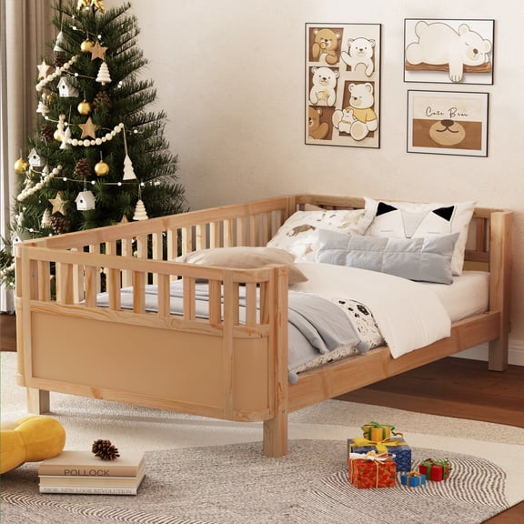 PORKISS Twin Size Bed with Fence for Kids, Solid Wood Twin Platform Bed Frame with Slats and Safety Guardrails for Girls Boys, Removable Guardrail, No Box Spring Needed, Natural