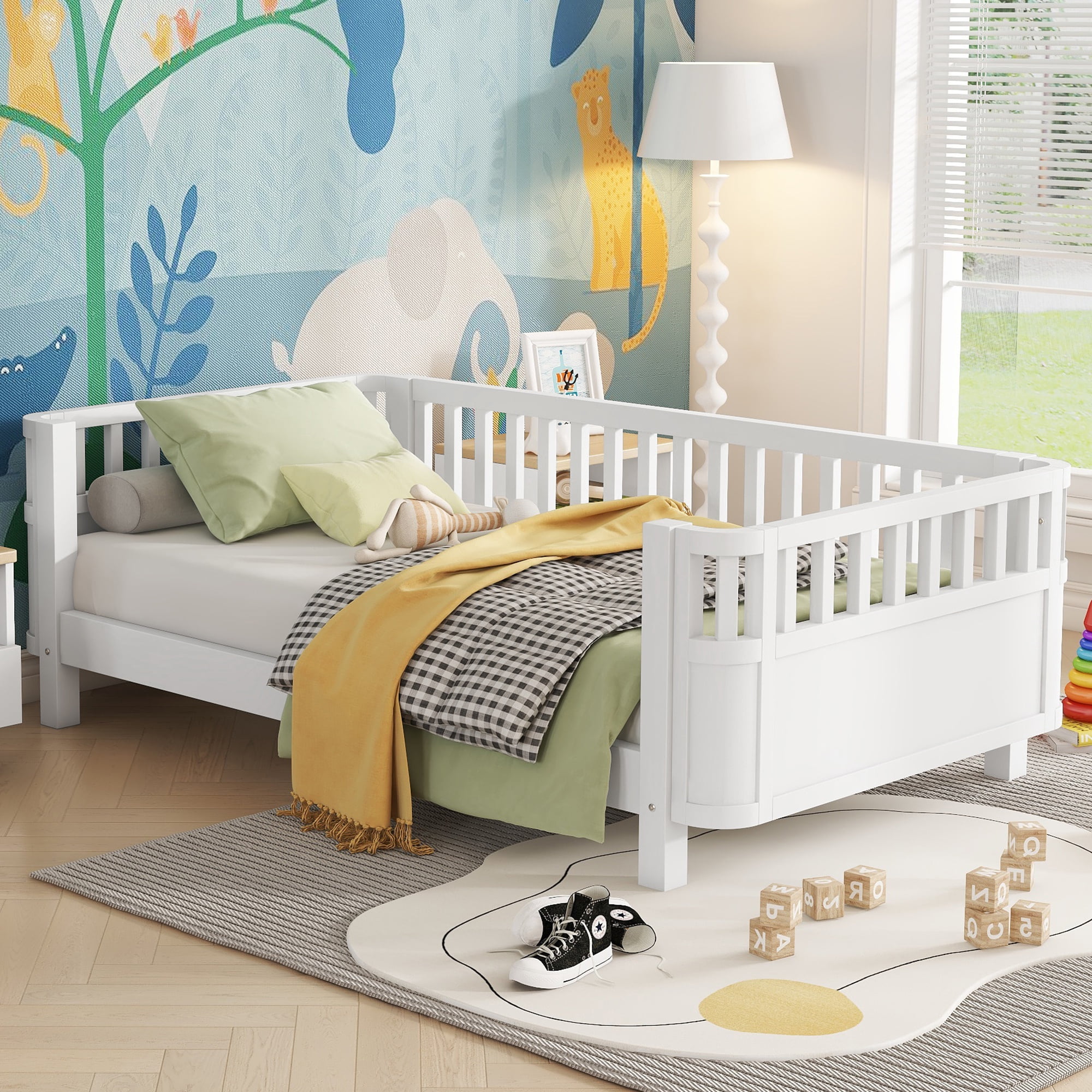 PORKISS Twin Size Bed with Fence for Kids, Solid Wood Twin Platform Bed Frame with Slats and Safety Guardrails for Girls Boys, Removable Guardrail, No Box Spring Needed, White #2