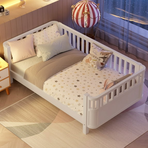 PORKISS Twin Size Bed with Fence for Kids, Solid Wood Twin Platform Bed Frame with Slats and Safety Guardrails for Girls Boys, Removable Guardrail, No Box Spring Needed, White