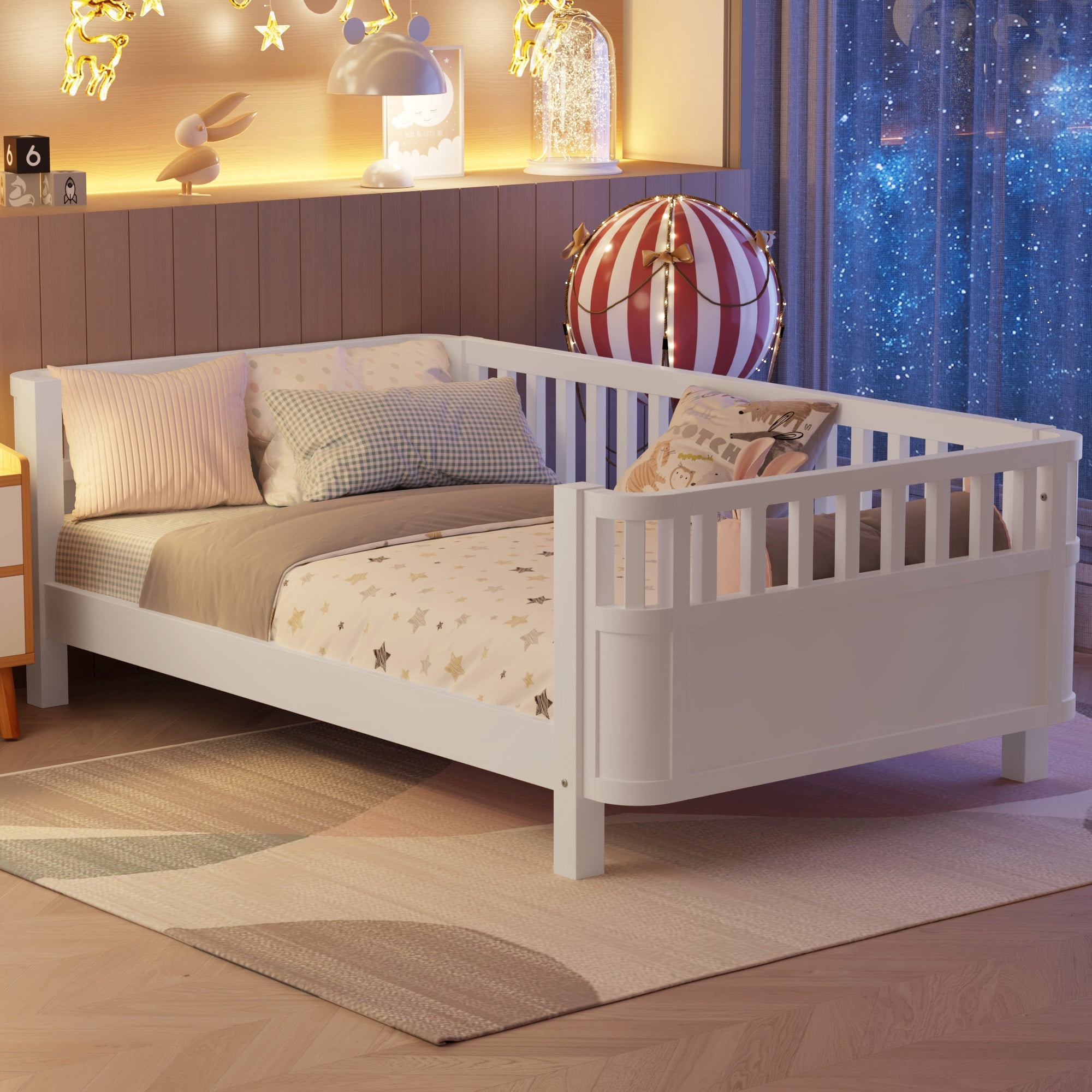 PORKISS Twin Size Bed with Fence for Kids, Solid Wood Twin Platform Bed Frame with Slats and Safety Guardrails for Girls Boys, Removable Guardrail, No Box Spring Needed, White