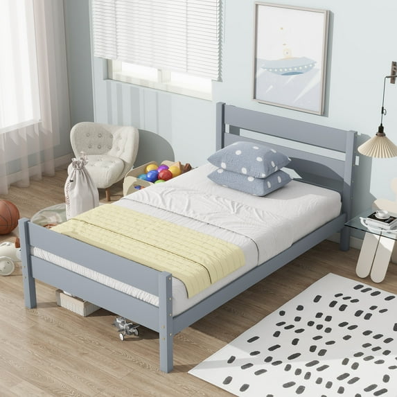 PORKISS Twin Size Bed Frame for Kids, Wood Bed Frame with Headboard/Footboard for Teens Boys Girls, No Box Spring Needed, Grey