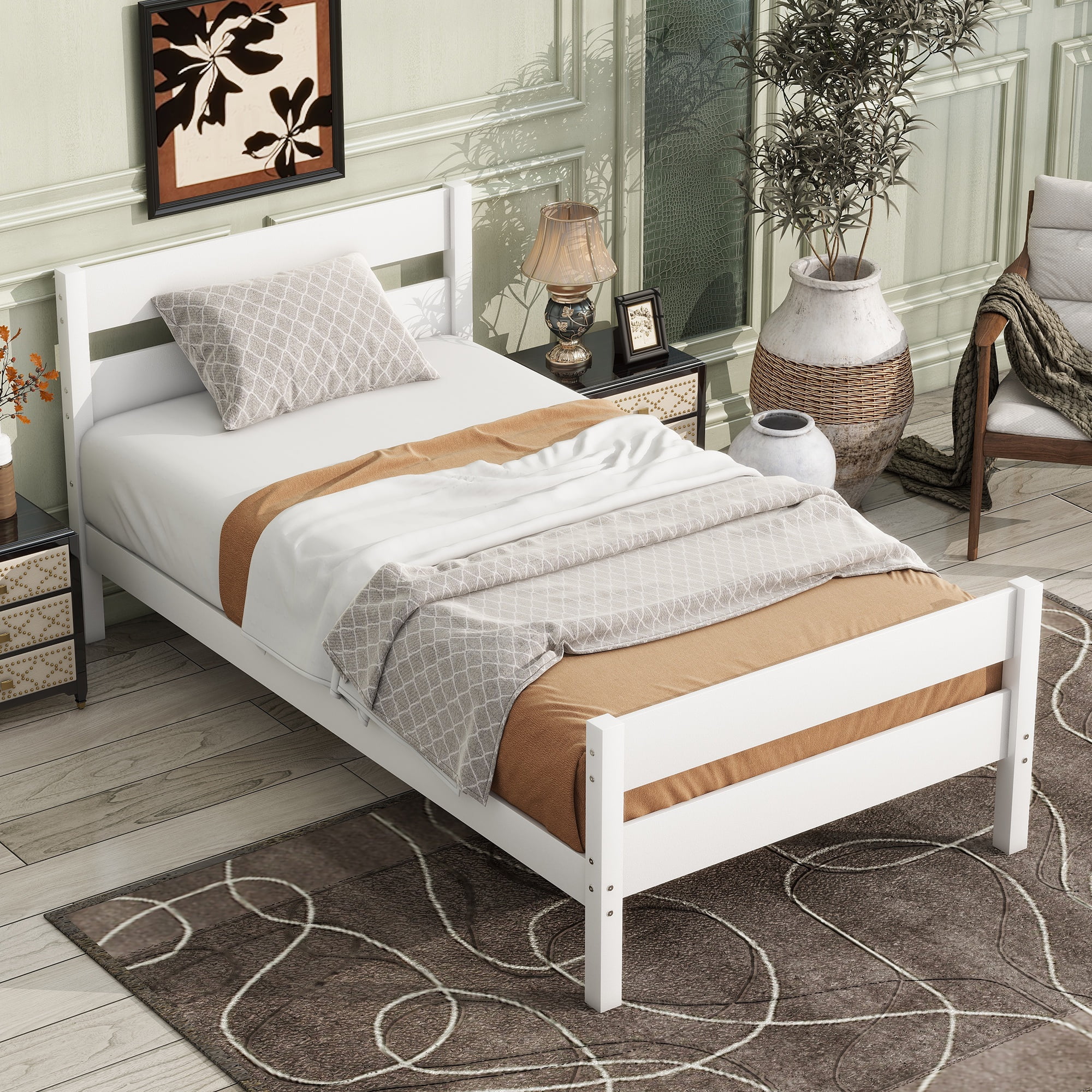 PORKISS Twin Size Bed Frame for Kids, Wood Bed Frame with Headboard/Footboard for Teens Boys Girls, No Box Spring Needed, White #2
