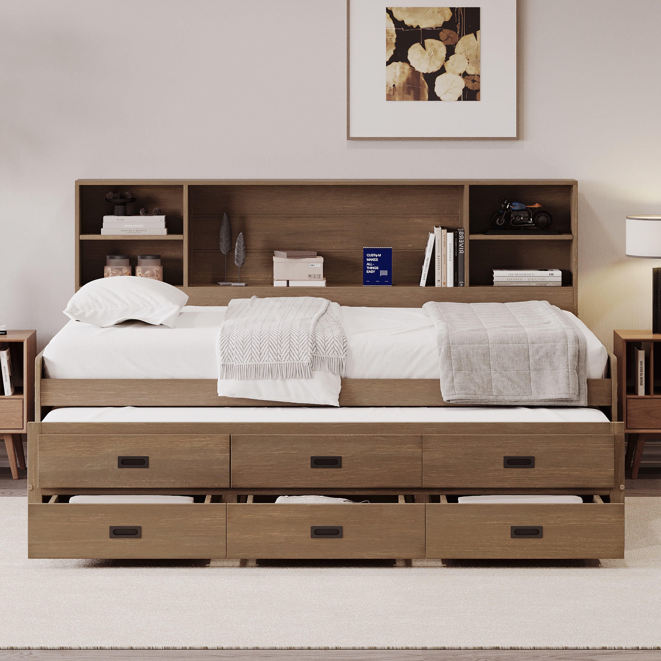 PORKISS Twin Size Daybed, Wooden Captain Daybed with Storage Bookcase Headboard, Modern Captain’s Bed with Trundle and Storage Drawers for Kids, Teens, No Box Spring Needed, Walnut