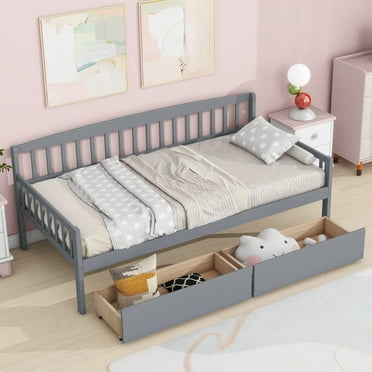 PORKISS Twin Bed with Storage, Twin Size Bed Frame with 2 Drawers, Pine Wood Daybed, No Box Spring Needed, Grey