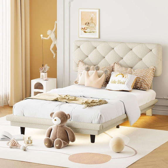 PORKISS Twin Size Floating Platform Bed, Upholstered Bed with Light Stripe, Easy Assembly, Beige