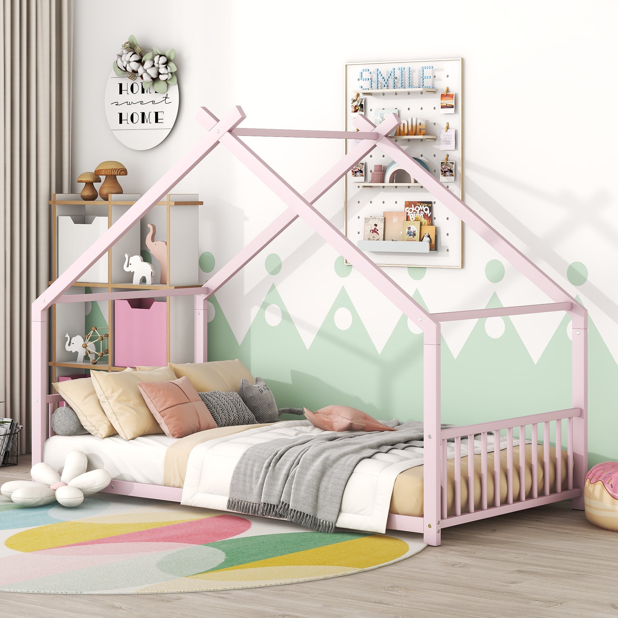 PORKISS Twin Size Floor Bed Frame, Metal House Bed Featuring Roof, Modern Platform Bed with Metal Frame, No Box Spring Needed, Freestanding Montessori Bed for Kids, Pink
