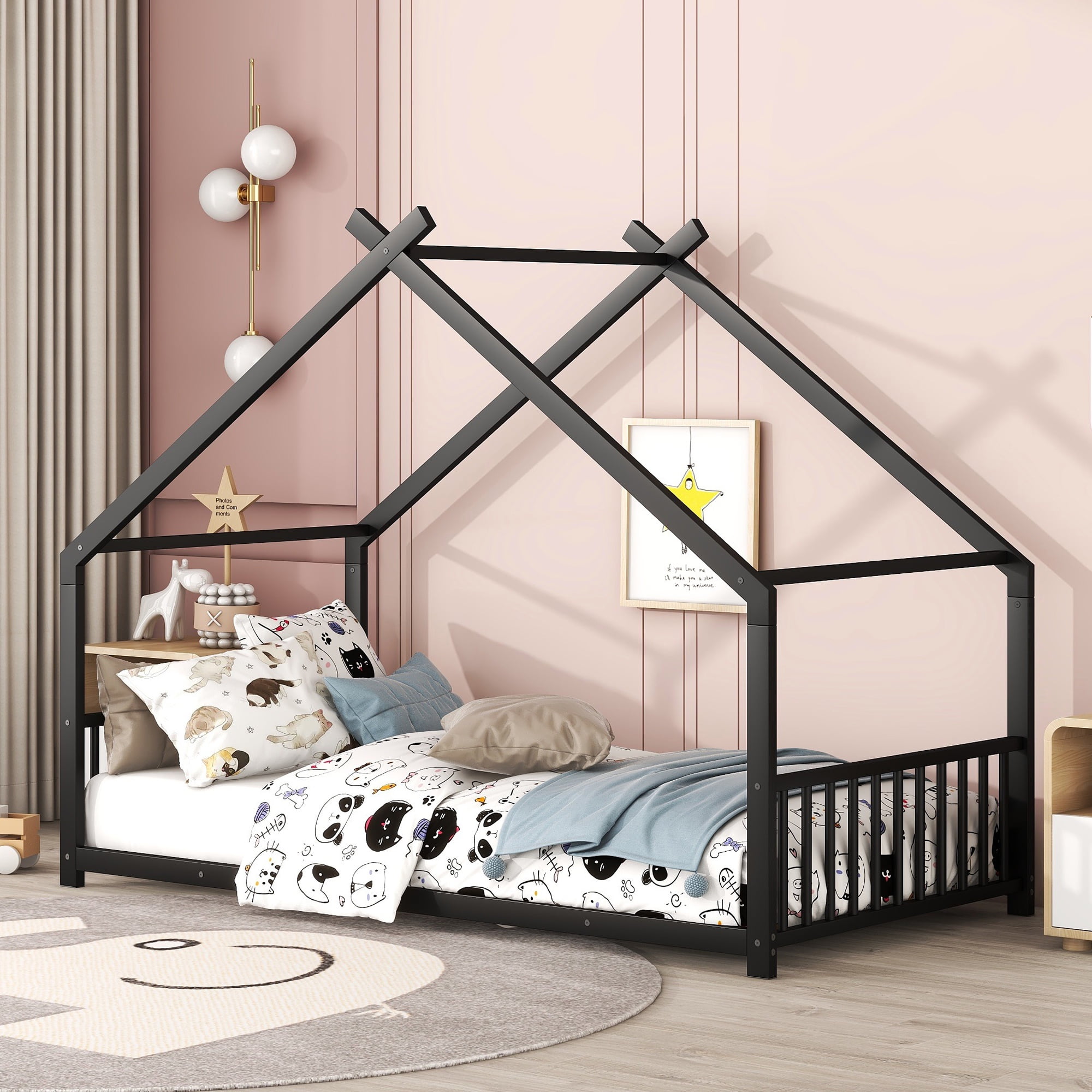 PORKISS Twin Size Floor Bed Frame, Metal Montessori Floor Bed with House Bed Featuring Roof, Modern Twin Platform Bed for Kids Boys Girls, No Box Spring Needed, Black