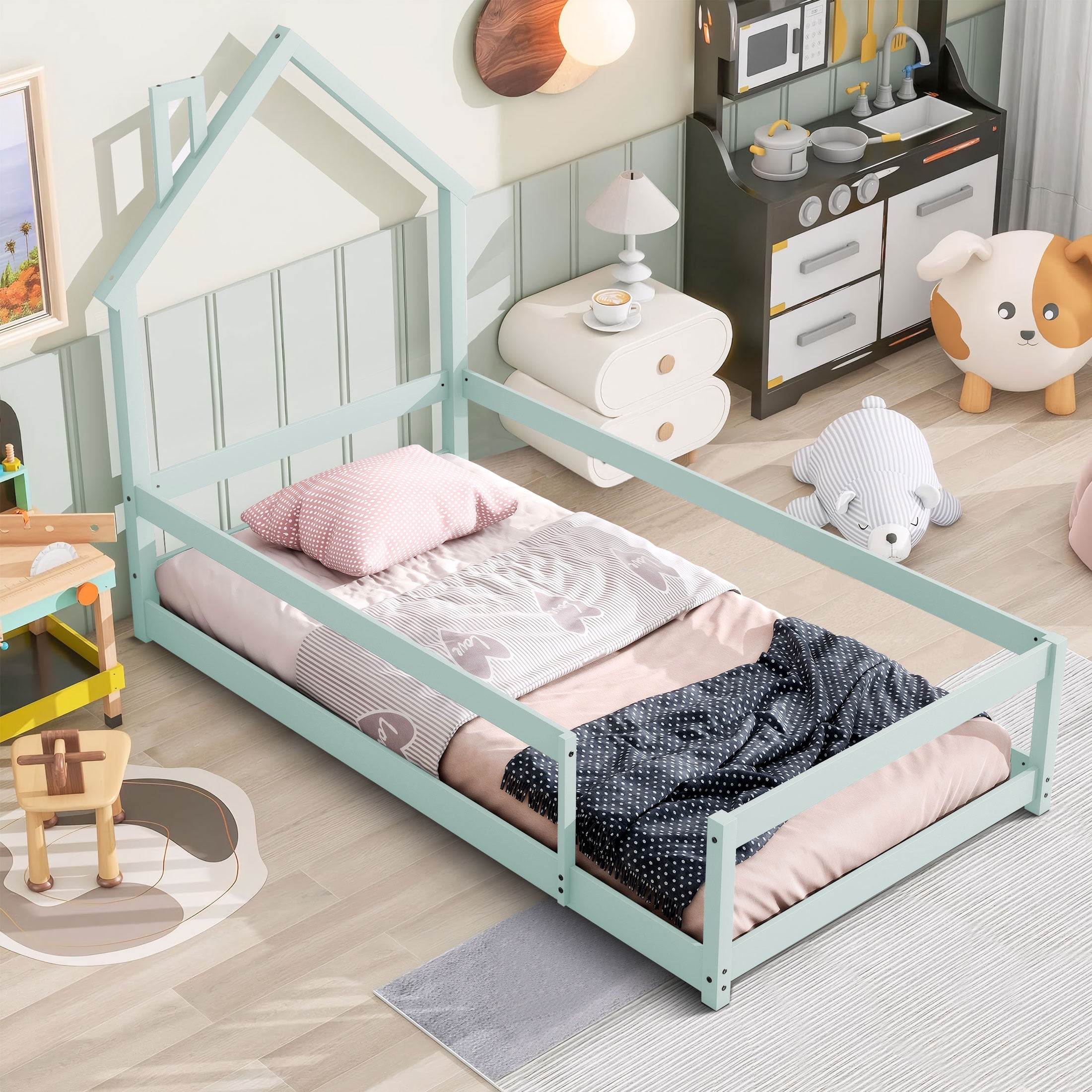 PORKISS Twin Size Floor Bed, Montessori Bed for Kids with Fence, House-shaped Headboard, Light Green