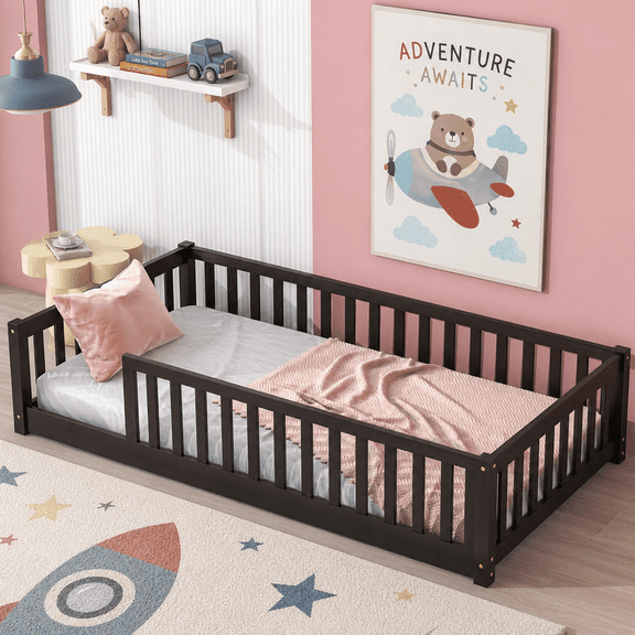 PORKISS Twin Floor Bed with Guardrails, Espresso Montessori Floor Bed Frame for Kids, Wood Toddler Bed Frame with Slats, Low Profile Kids Bed, Open Entry, No Box Spring Needed