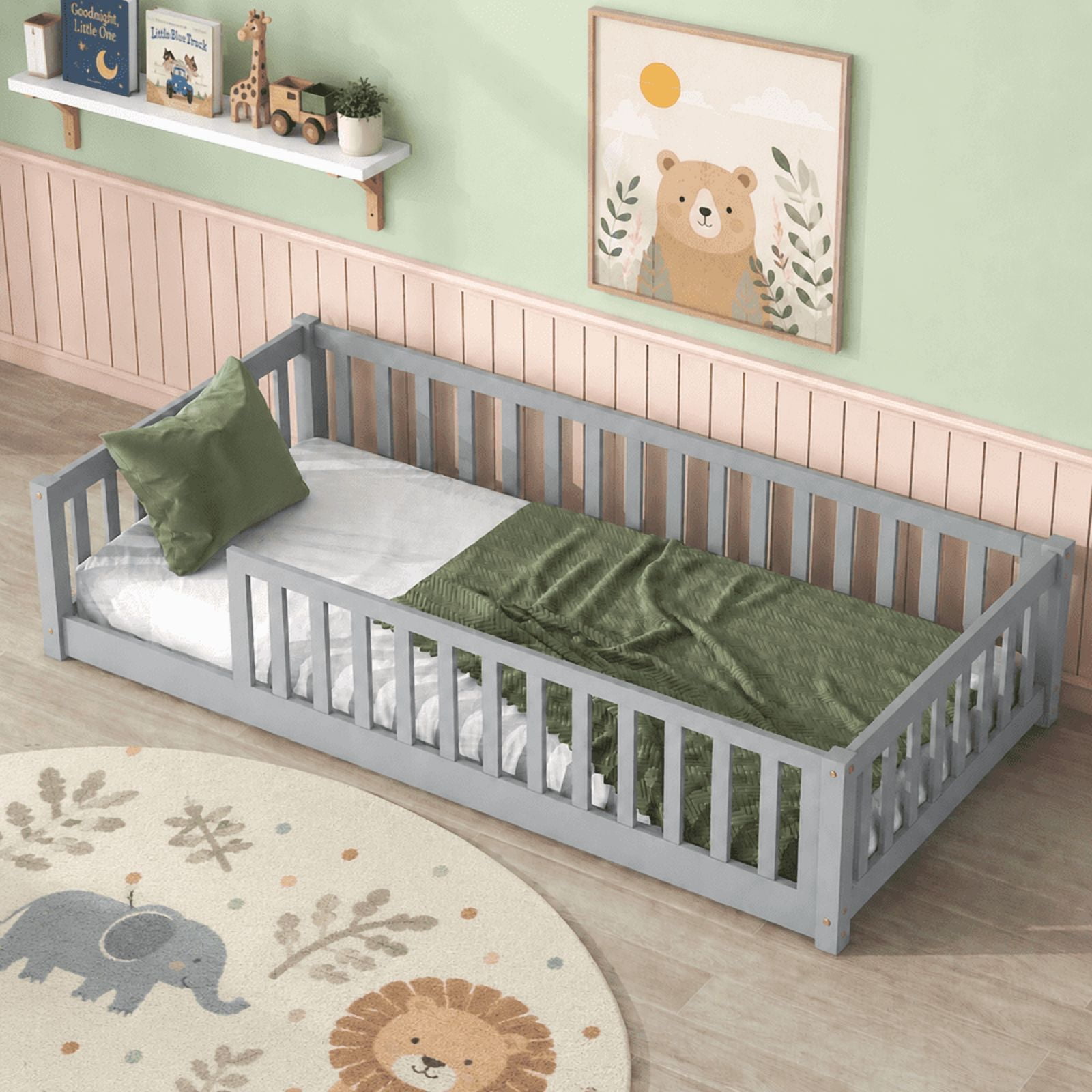 PORKISS Twin Floor Bed with Guardrails, Gray Montessori Floor Bed Frame for Kids, Wood Toddler Bed Frame with Slats, Low Profile Kids Bed, Open Entry, No Box Spring Needed