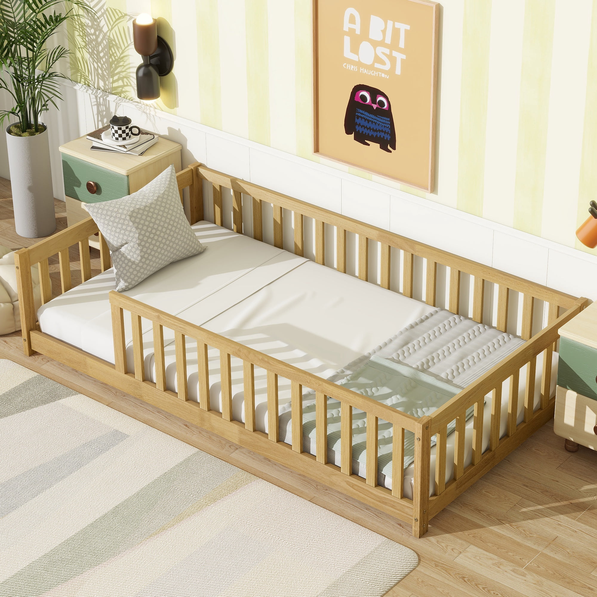 PORKISS Twin Floor Bed with Guardrails, Natural Montessori Floor Bed Frame for Kids, Wood Toddler Bed Frame with Slats, Low Profile Kids Bed, Open Entry, No Box Spring Needed