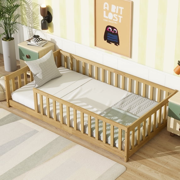 PORKISS Twin Floor Bed with Guardrails, Natural Wood Montessori Floor Bed Frame with Slats, Low Bed Frame for Kids Room, Open Entry Design, No Box Spring Needed