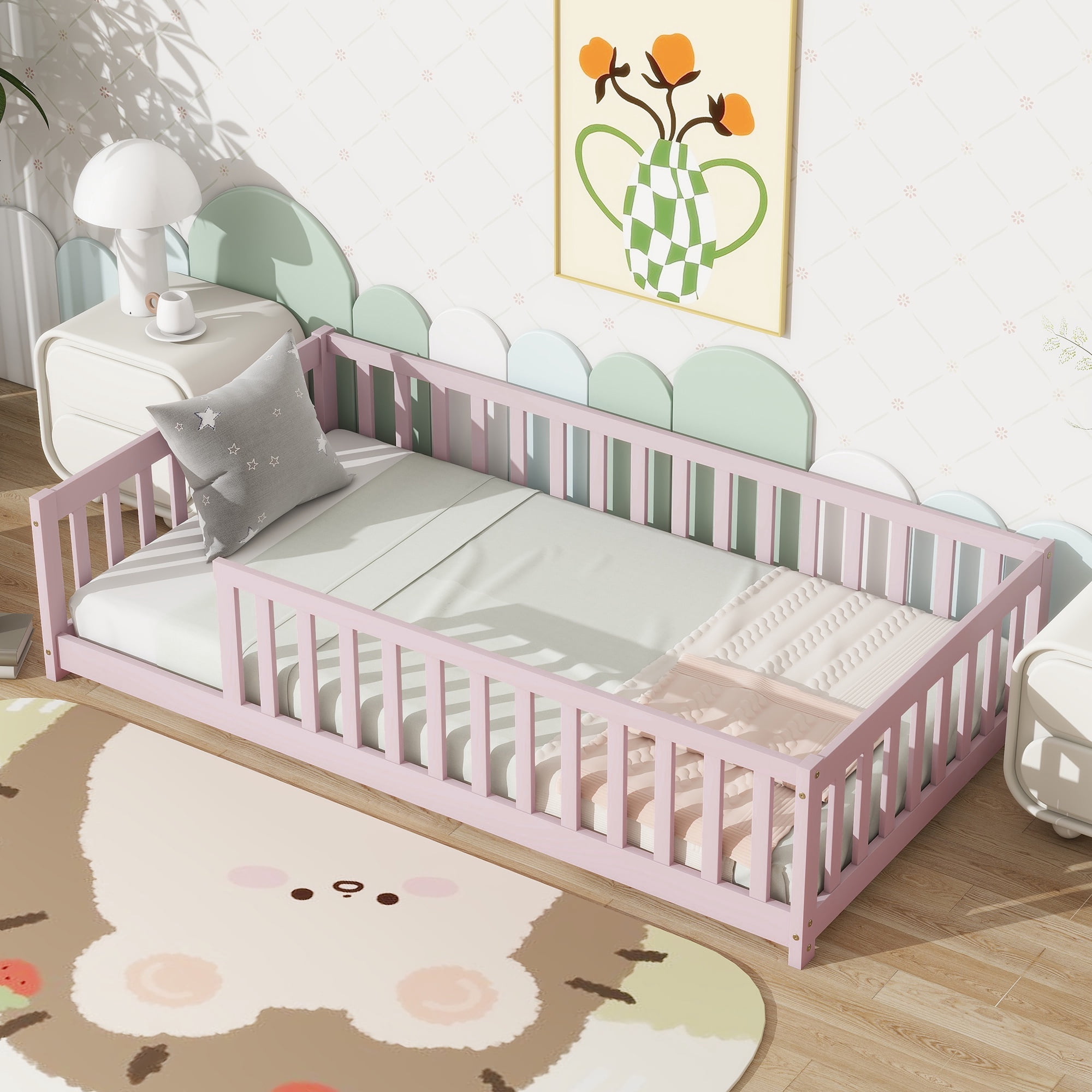 PORKISS Twin Toddler Bed with Guardrails, Low Profile Floor Bed Frame with Open Entry, Wood Montessori Bed with 7 Slats for Kids, No Box Spring Needed, Pink