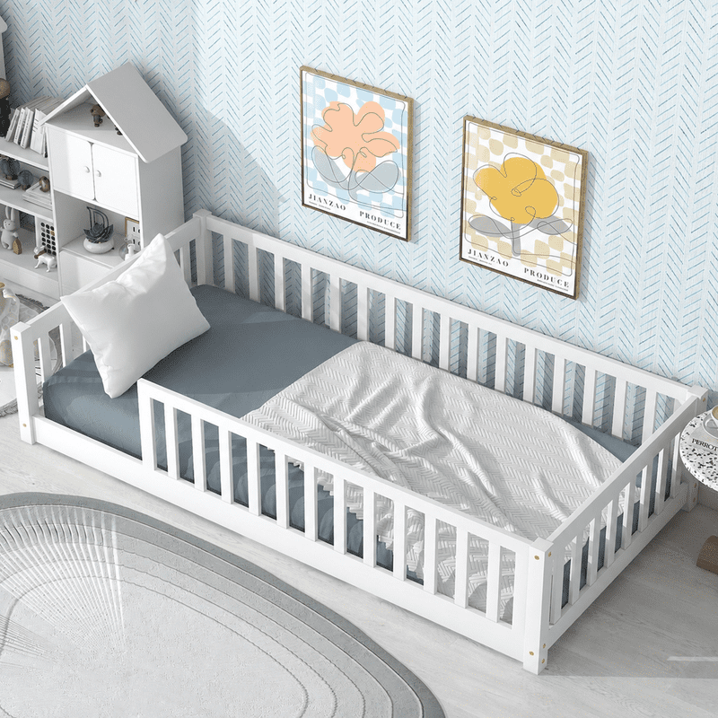 PORKISS Twin Toddler Bed with Guardrails, Low Profile Floor Bed Frame with Open Entry, Wood Montessori Bed with 7 Slats for Kids, No Box Spring Needed, White