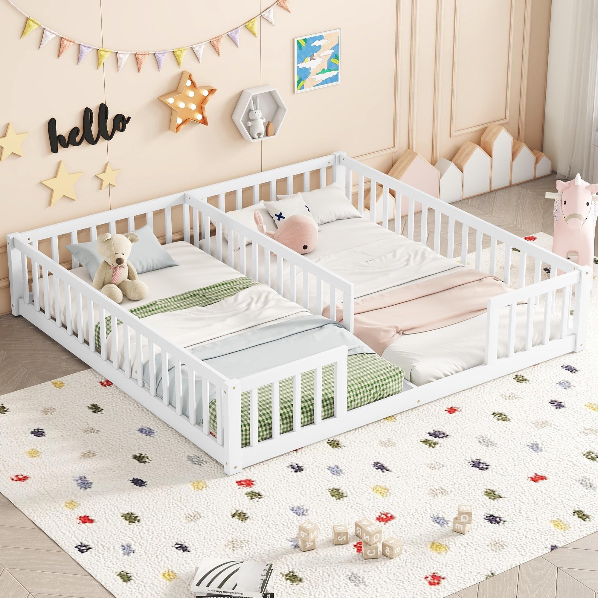 PORKISS Twin Size Floor Bed for Kids, Double Wood Montessori Bed Frame with Fence, White