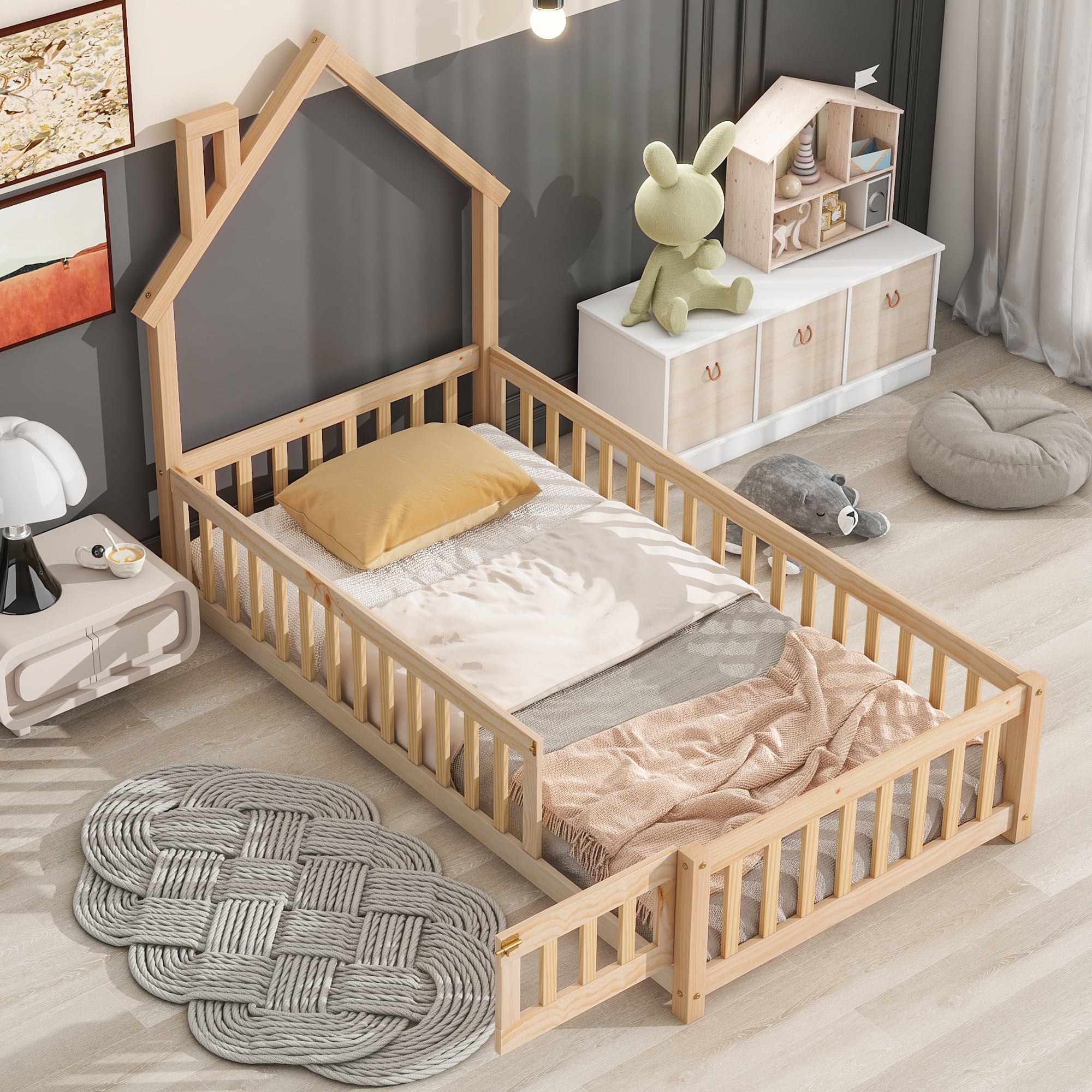 Floor Bed Frame Twin Bed Bumper Pillow Black Montessori Floor Bed