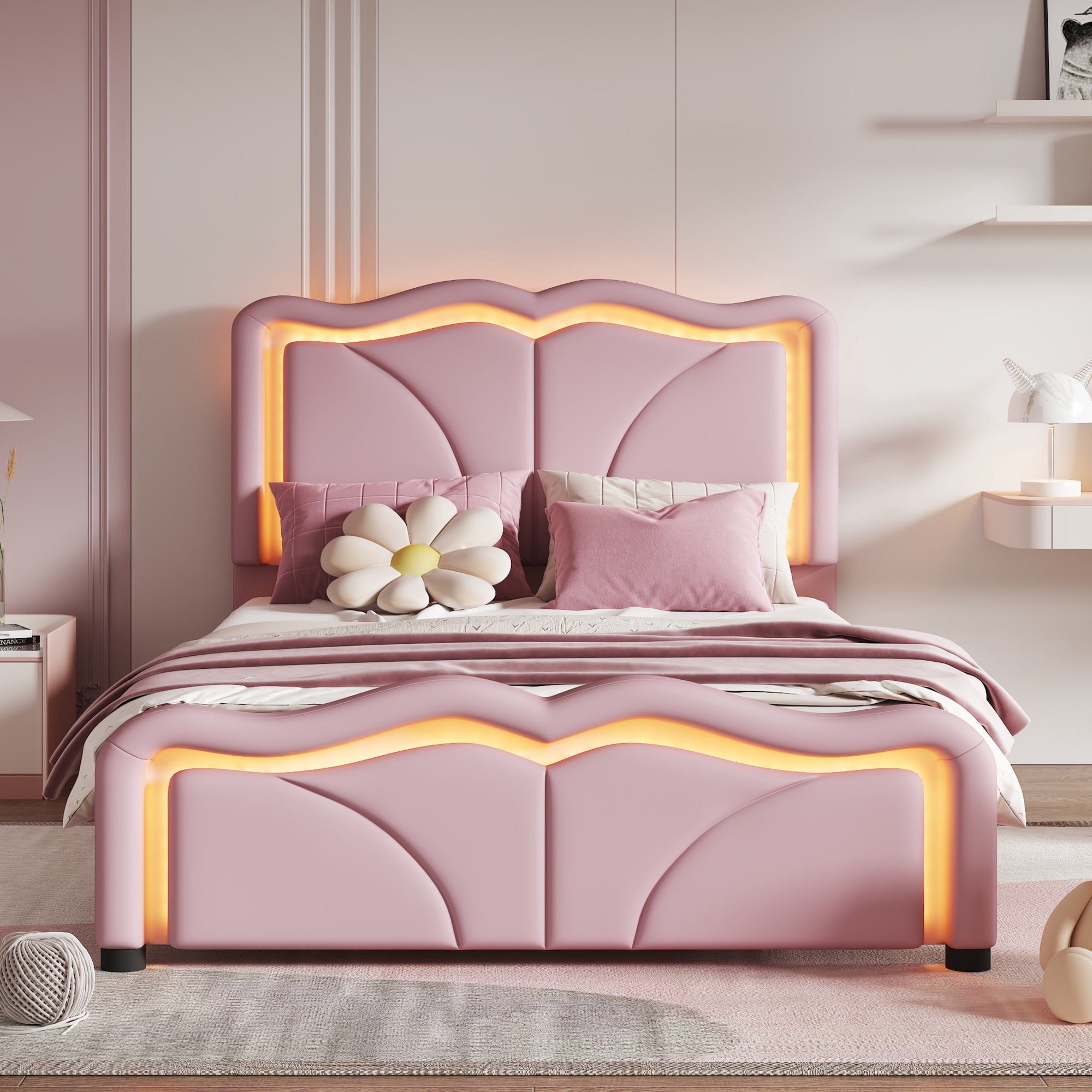 PAPROOS Twin Size LED Bed Frame, PU Leather Upholstered Bed, Wood Platform Bed with Soft Cushioned Headboard, Princess Bed, Pink