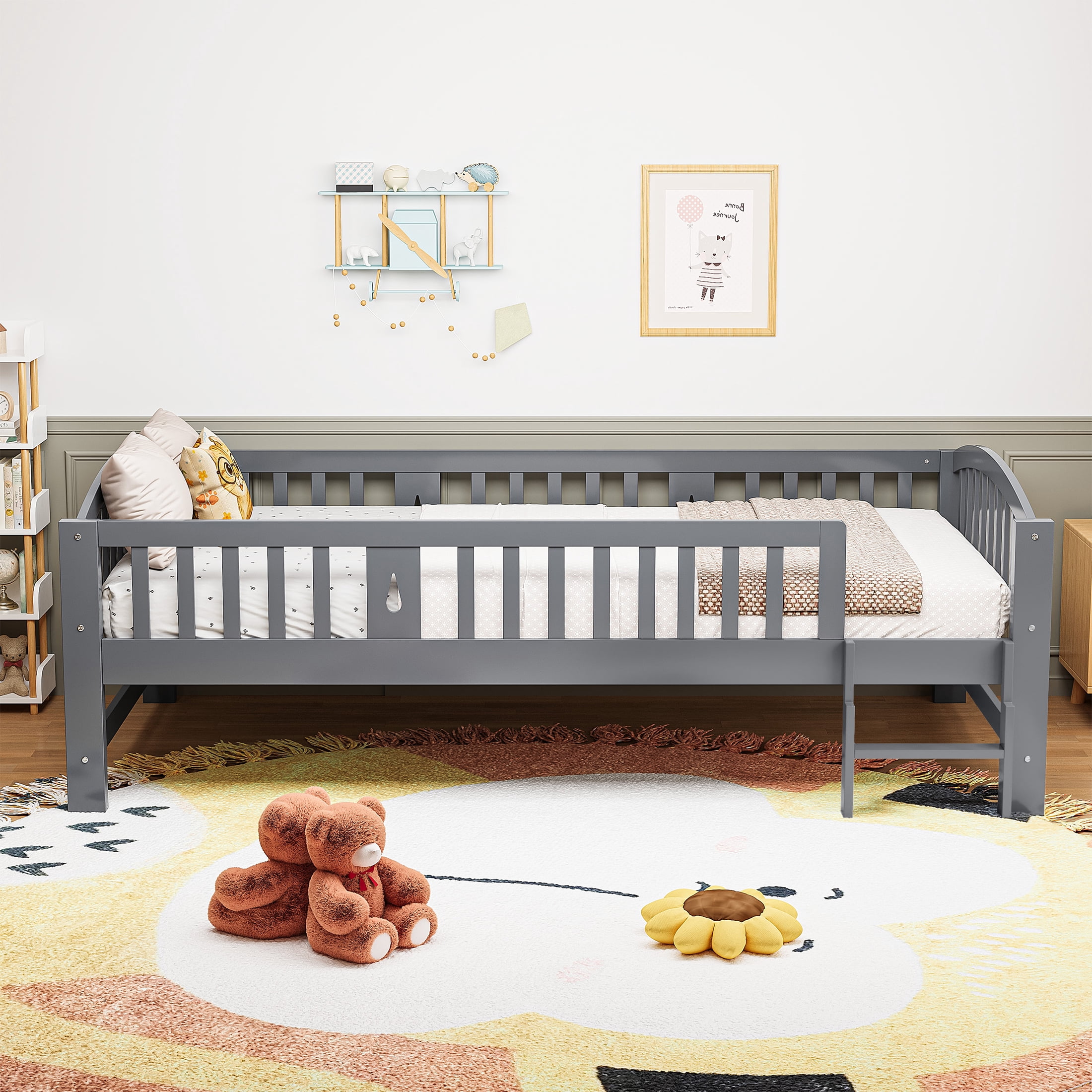 PAPROOS Wood Twin Platform Bed Frame, Twin Size Bed Frame with Fence Guardrail Ladder, No Box Spring Needed, Grey