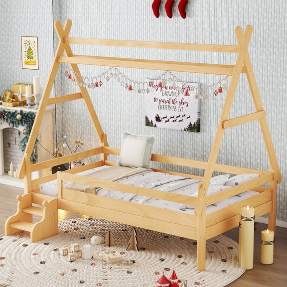 PORKISS Twin Size Platform Bed, Solid Wood Toddler Bed with Fence Guardrail Ladder, Twin Size Bed Frame for Kids Girls Boys, Montessori Bed, No Box Spring Needed, Natural B