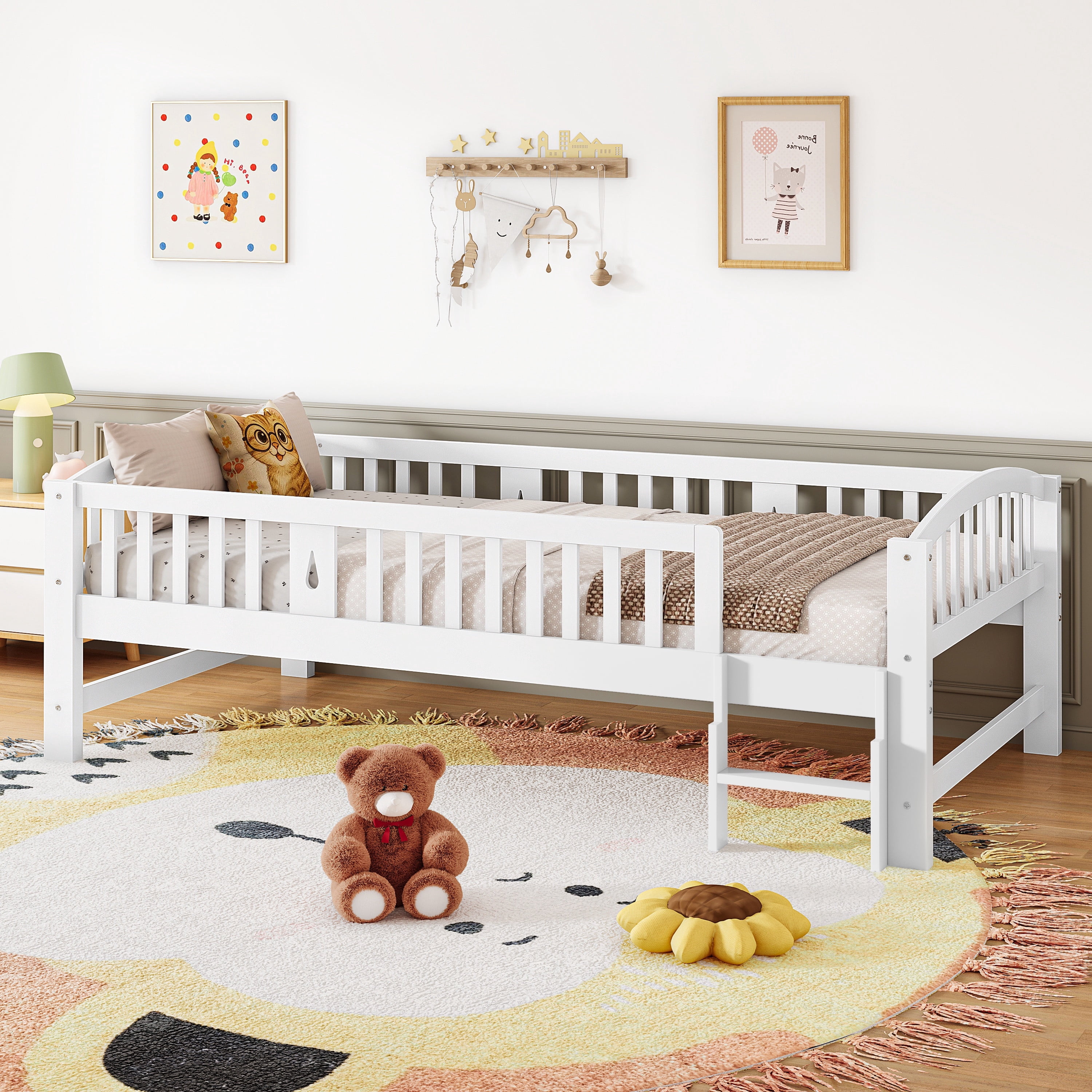 PORKISS Twin Size Platform Bed, Solid Wood Toddler Bed with Fence Guardrail Ladder, Twin Size Bed Frame for Kids Boys Girls, Montessori Bed, No Box Spring Needed, White #2