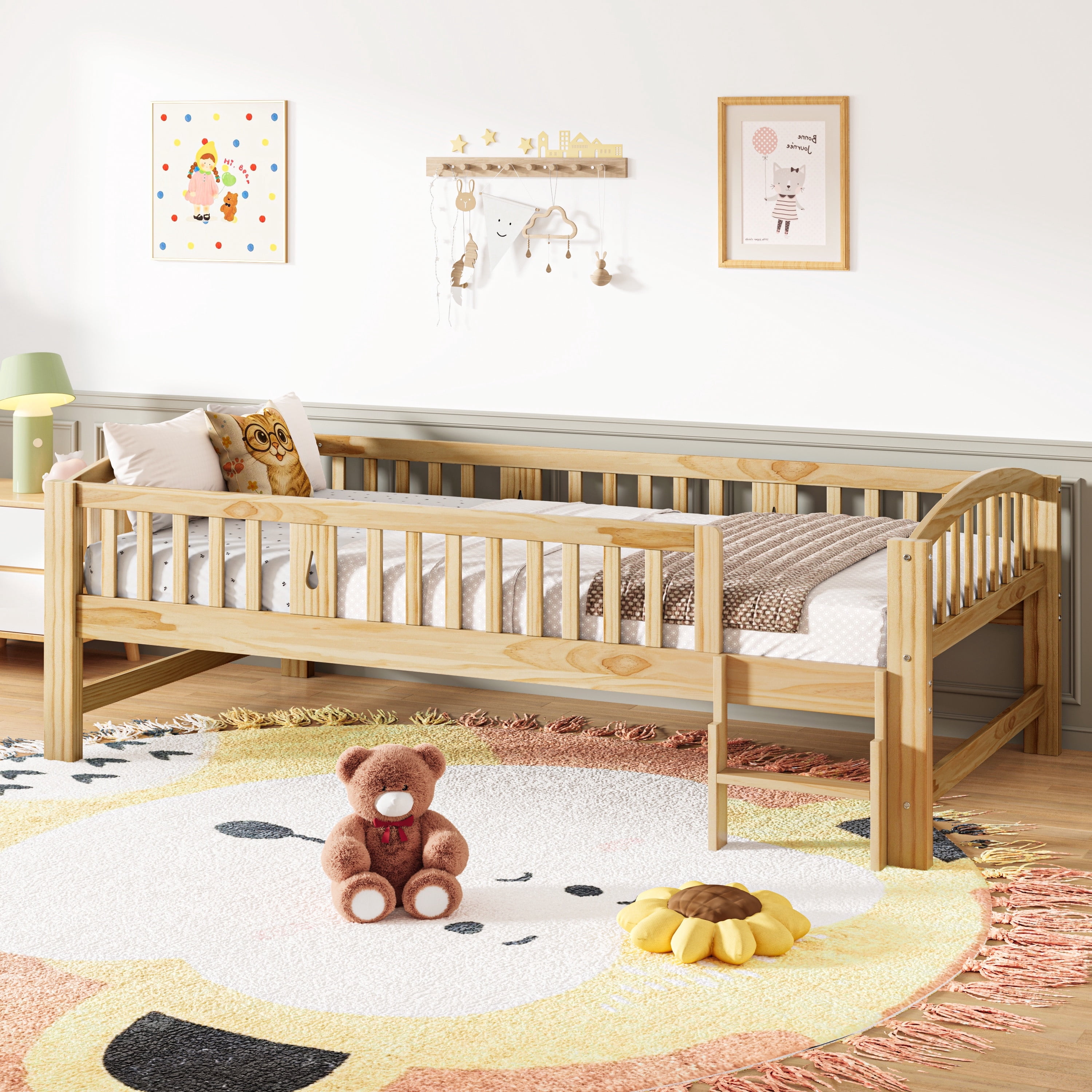PORKISS Twin Size Platform Bed, Solid Wood Toddler Bed with Fence Guardrail Ladder, Twin Size Bed Frame for Kids Boys Girls, Montessori Bed, No Box Spring Needed, Natural A