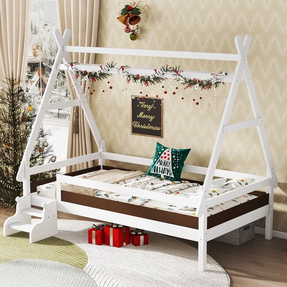 PORKISS Twin Size Platform Bed, Solid Wood Toddler Bed with Fence Guardrail Ladder, Twin Size Bed Frame for Kids Boys Girls, Montessori Bed, No Box Spring Needed, White #1