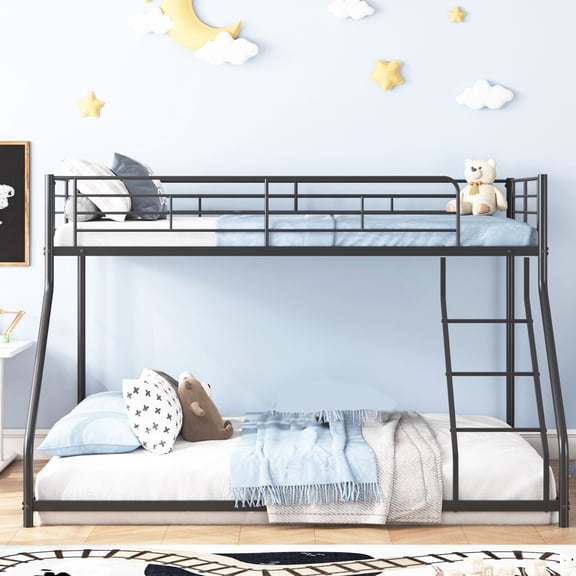 PORKISS Twin XL over Queen Bunk Bed, Heavy Duty Metal Bunk Bed Frame with Guardrail and Ladder, No Box Spring Needed, Space Saving Bunk Bed for Teens, Adults, Dorm Room, Guest Room, Black