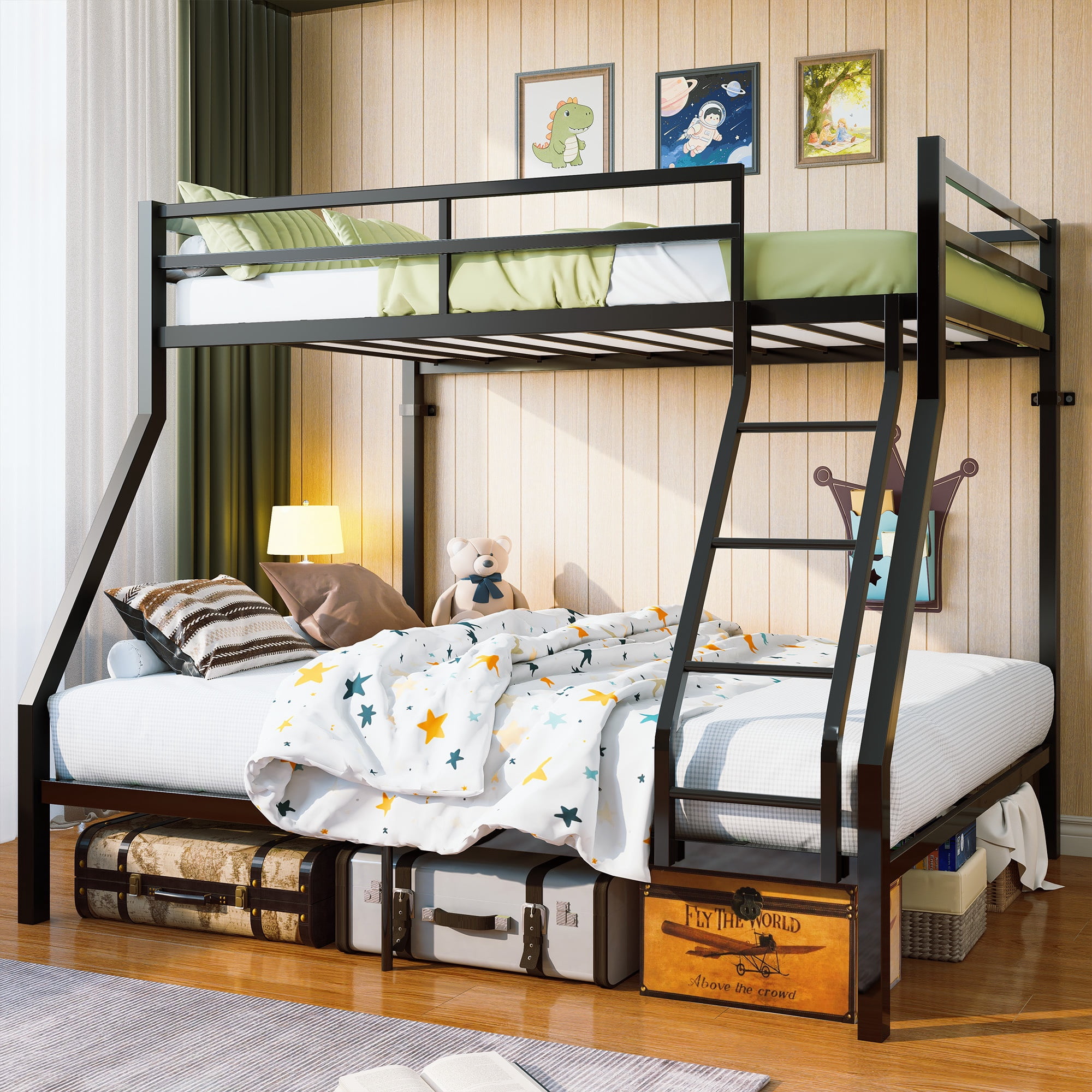 PORKISS Twin Over Full Bunk Bed, Heavy Duty Metal Bunk Bed Frame with Ladder & Guardrails, No Box Spring Needed, Space Saving Loft Bed with Under-Bed Storage for Kids/Teens & Adults, Black