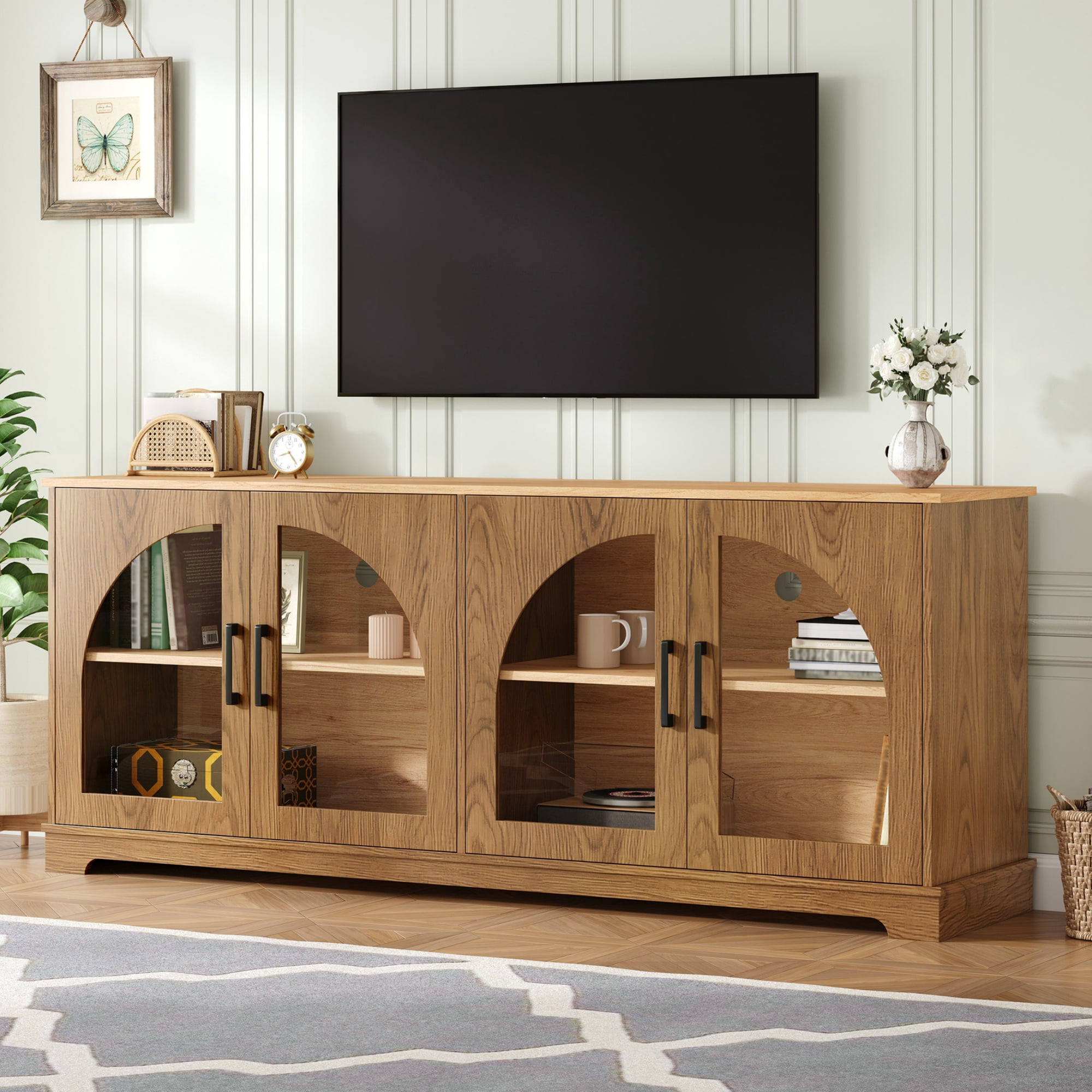 PORKISS Two-Tone TV Stand for 70", Vintage Media Console Cabinet with 4 Arched Tempered Glass Doors, Entertainment Center with Cable Management and Storage, Brown