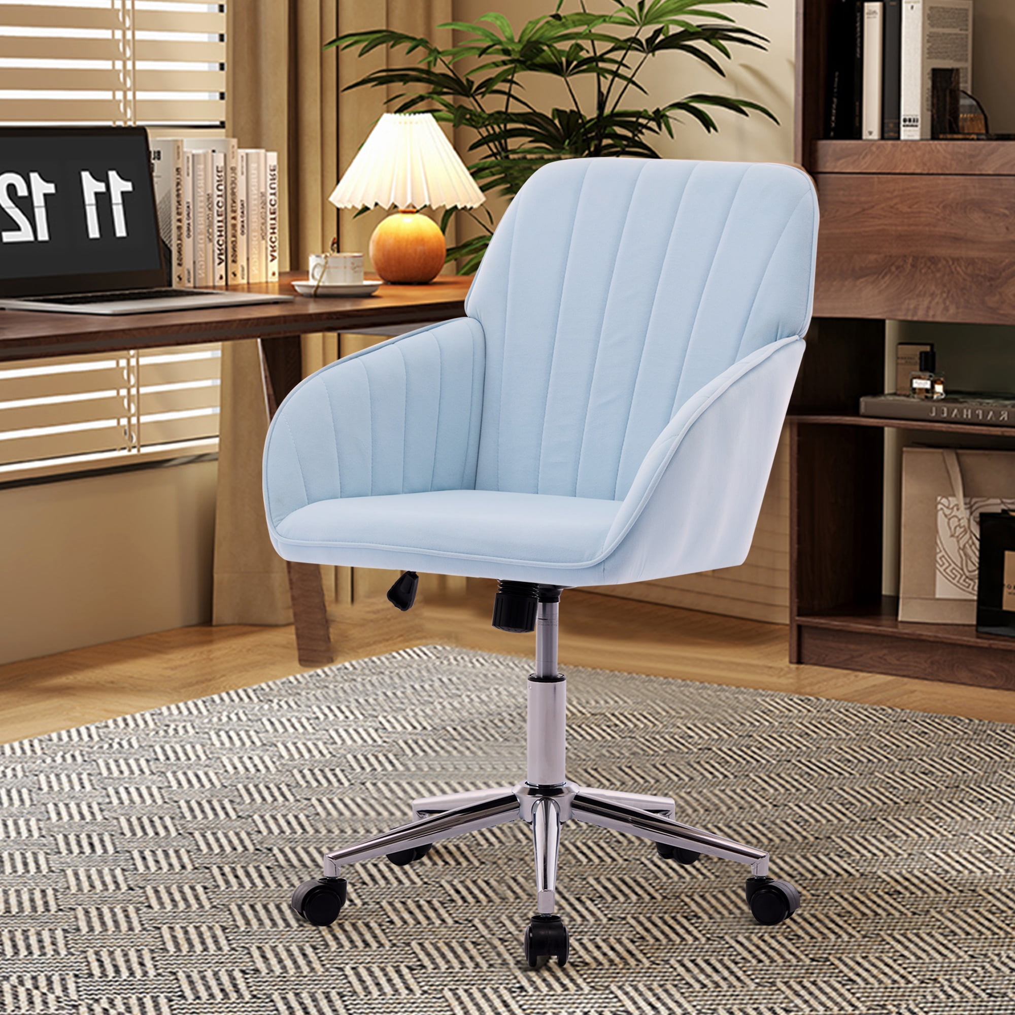 PORKISS Upholstered Desk Chair with Wheels, Ergonomic Adjustable Office Chair, Swivel Computer Task Chair with Velvet for Home Living Room Bedroom Workspace, Baby Blue