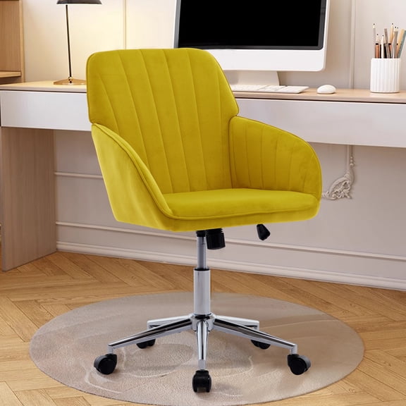 PORKISS Upholstered Desk Chair with Wheels, Ergonomic Adjustable Office Chair, Swivel Computer Task Chair with Velvet for Home Living Room Bedroom Workspace, Bright Yellow