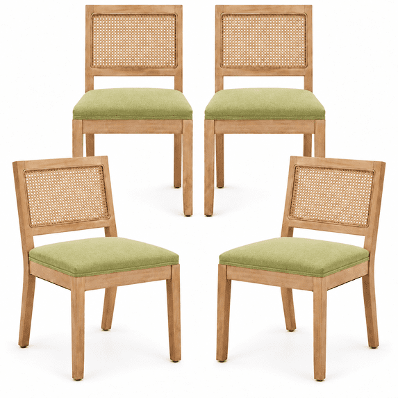 PORKISS Rattan Dining Chairs Set of 4, Farmhouse Olive Green Kitchen Chairs with Cane Back, Upholstered Dining Room Chairs with Solid Wood Frame, Side Chairs for Kitchen, Dining Room