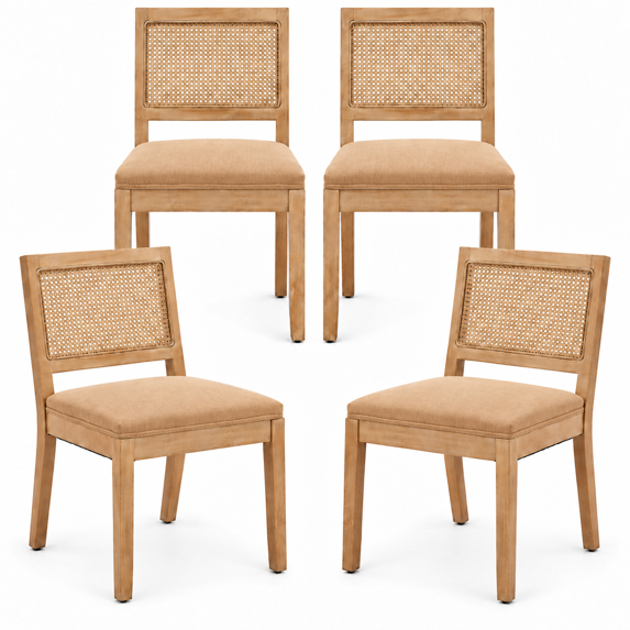 PORKISS Rattan Dining Chairs Set of 4, Farmhouse Tan Kitchen Chairs with Cane Back, Upholstered Dining Room Chairs with Solid Wood Frame, Side Chairs for Kitchen, Dining Room