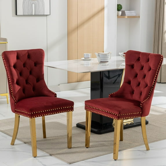 PORKISS Upholstered Dining Chairs, Modern Velvet Dining Room Chairs Set of 2 with Golden Stainless Steel Plating Legs, Tufted Solid Wood Kitchen Chairs with Nailhead Trim and Back Ring, Burgundy