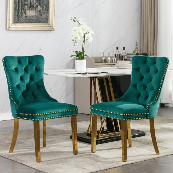 PORKISS Upholstered Dining Chairs, Modern Velvet Dining Room Chairs Set of 2 with Golden Stainless Steel Plating Legs, Tufted Solid Wood Kitchen Chairs with Nailhead Trim and Back Ring, Green