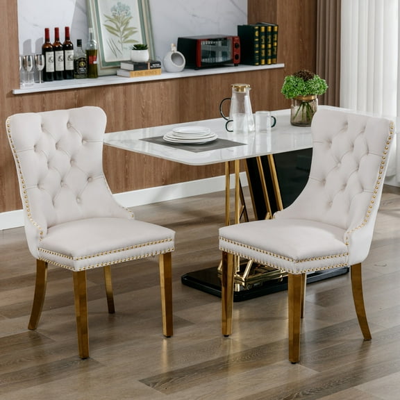 PORKISS Upholstered Dining Chairs, Modern Velvet Chairs with Golden Stainless Steel Plating Legs, Tufted Solid Wood Kitchen Chairs Set of 2 with Nailhead Trim and Back Ring, Beige