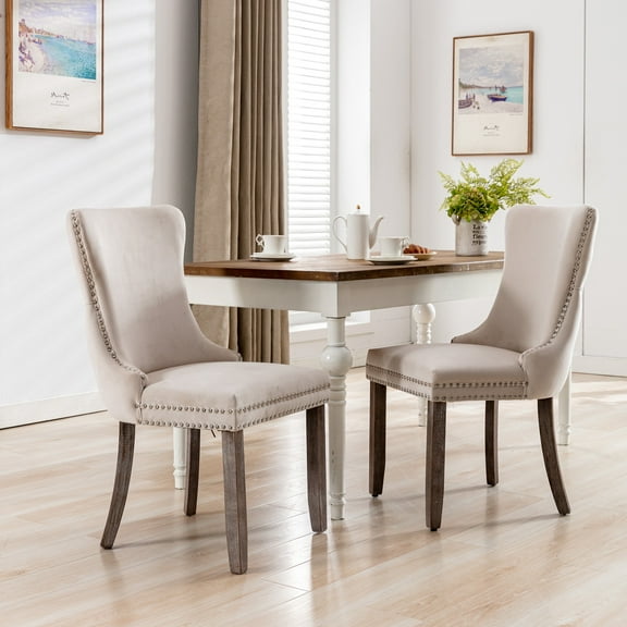 PORKISS Upholstered Dining Chairs Set of 2, Armless Side Chairs with Backstitching Nailhead Trim and Solid Wood Legs, Modern Velvet High Back Chairs, Beige