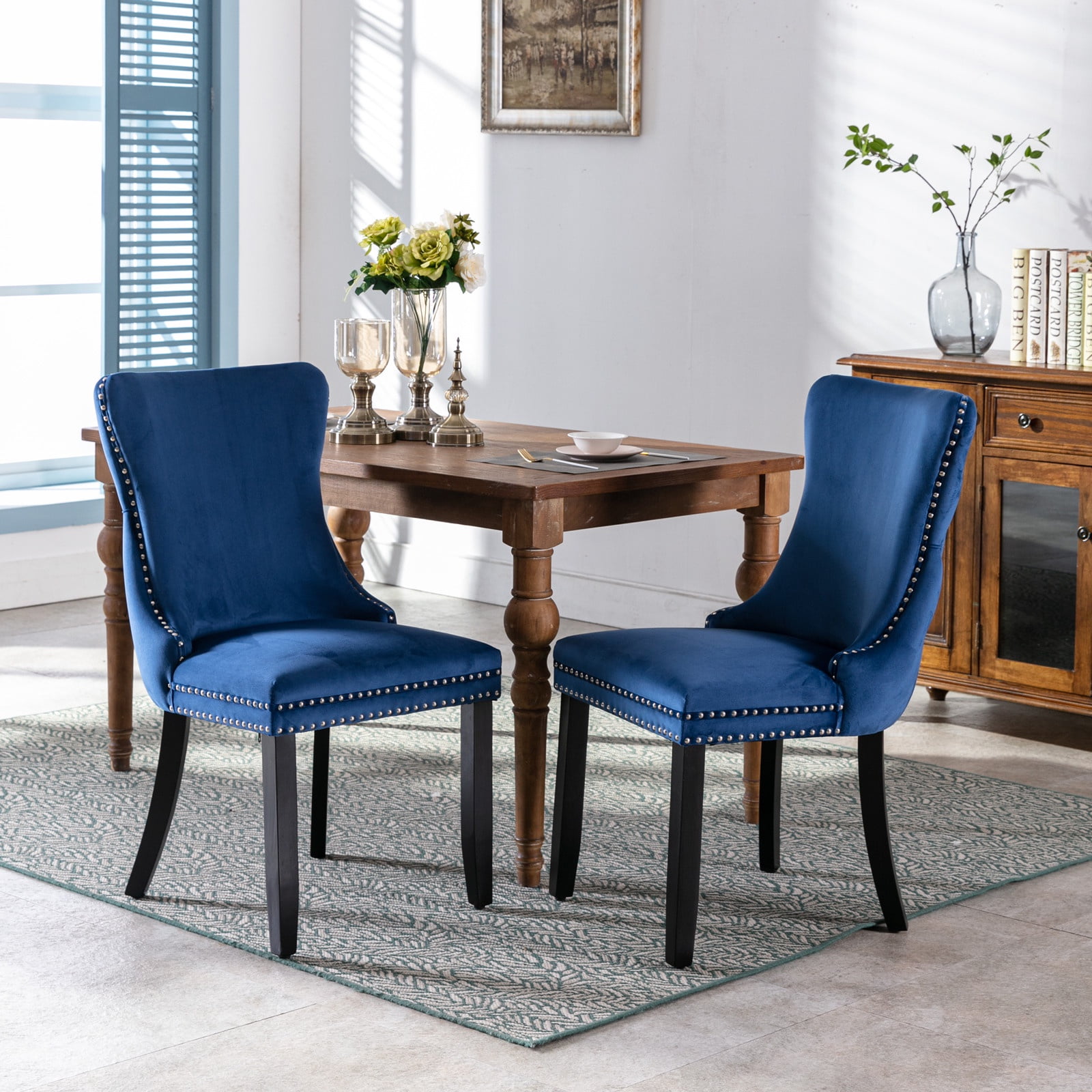 PORKISS Upholstered Dining Chairs Set of 2, Armless Side Chairs with Backstitching Nailhead Trim and Solid Wood Legs, Modern Velvet High Back Chairs, Blue