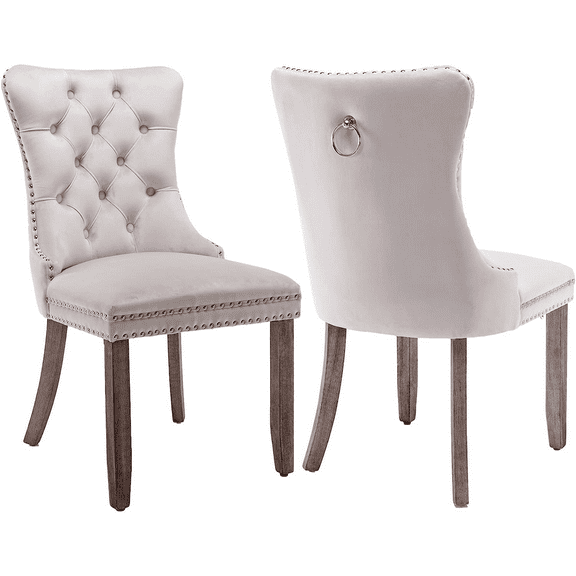 PORKISS Dining Chairs Set of 2, Upholstered High-End Tufted Dining Room Chair with Back Ring and Nailhead Trim, Modern Velvet Kitchen Chairs with Solid Wood Legs for Kitchen, Home, Beige