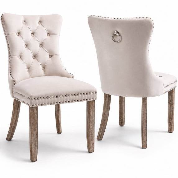 Paproos Dining Chairs Set of 2, Velvet Upholstered Dining Room Chairs with Button Tufted Back, Back Ring and Nailhead Trim, Modern Kitchen Chairs, Dinner Chairs with Solid Wood Legs, Beige