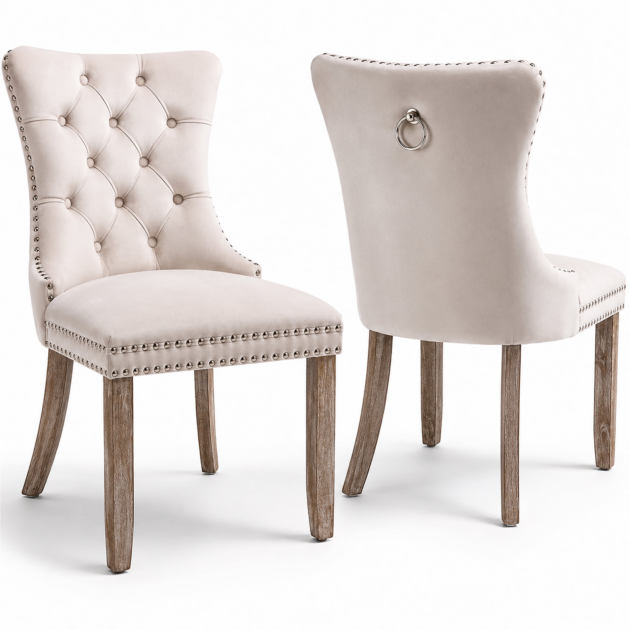 Paproos Dining Chairs Set of 2, Upholstered High-End Tufted Dining Room Chair with Back Ring and Nailhead Trim, Modern Velvet Kitchen Chairs with Solid Wood Legs for Kitchen, Home, Beige