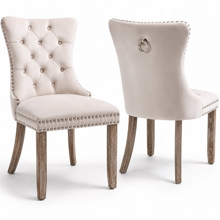 Paproos Dining Chairs Set of 2, Upholstered High-End Tufted Dining Room Chair with Back Ring and Nailhead Trim, Modern Velvet Kitchen Chairs with Solid Wood Legs for Kitchen, Home, Beige