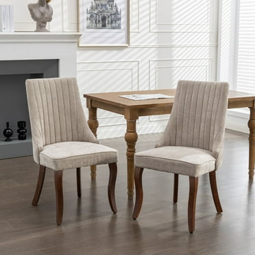 PORKISS Upholstered Dining Chairs Set of 2, Linen Dining Room Chair with Curved Solid Wood Legs, Modern Accent Chair for Kitchen, Beige