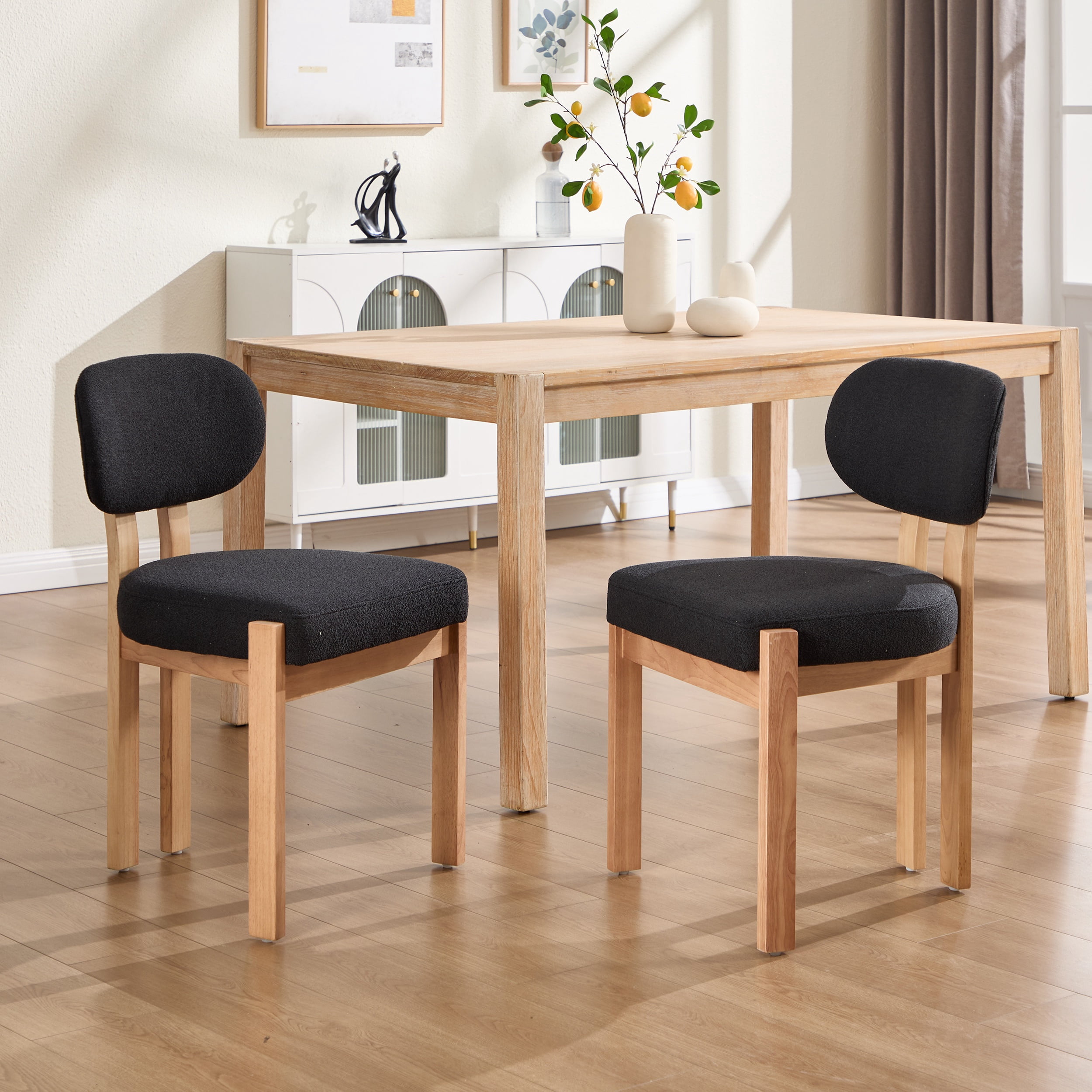PORKISS Upholstered Dining Chairs Set of 2, Mid-Century Kitchen Chairs with Solid Wood Legs and Cushioned Wingback for Kitchen, Black